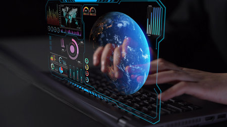 High-tech global network connection interface showing worldwide digital communication, data...