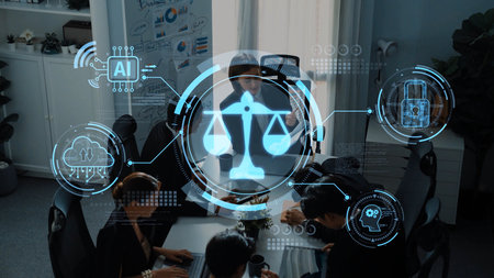 A modern law office scene featuring a meeting with digital overlays showcasing themes of technology,...