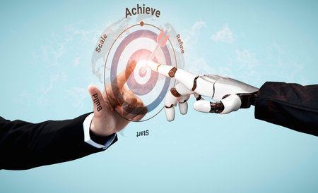 A dynamic illustration showcasing the collaboration between a human hand and a robot hand,...