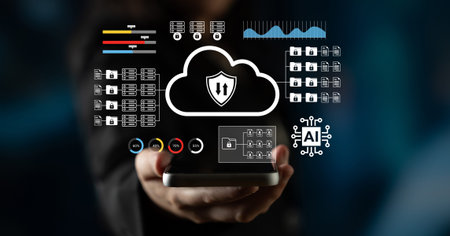 Visual representation of cloud technology and data security with artificial intelligence elements,...