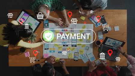 Collaborative workspace with diverse team engaging in project planning and payment processes,...