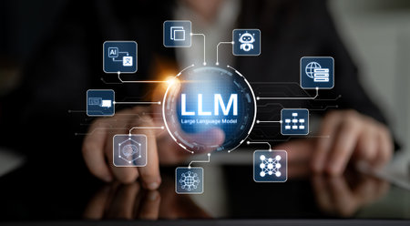 Large Language Model LLM processing data. Represents deep text learning, natural language processing...