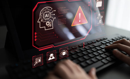 Futuristic cybersecurity concept featuring a critical system warning, malware detection, and red...