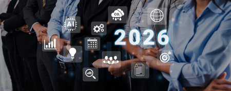 Digital icons, analytics symbols, and glowing number 2026 representing business goals, innovation, and market growth Parseの写真素材