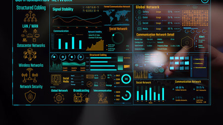 Data center monitoring dashboard visualize network performance, connection status, usage rate, and...
