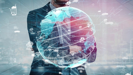 Businessman stands confidently with crossed arms, gazing at a digital globe symbolizing global...