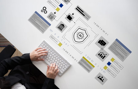 Focus on a professional woman engaged in data analysis, featuring artificial intelligence elements...