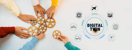 Collaborative Effort on Digital Twin Concept Using Gears with Various Industry Icons Representing...