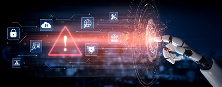 Exclamation alert symbol in digital system network reflecting AI threat, virus, and risk detection. Corpusの写真素材