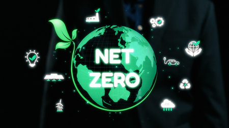 This image showcases a vibrant Earth surrounded by green leaf symbols, embodying the concept of net...