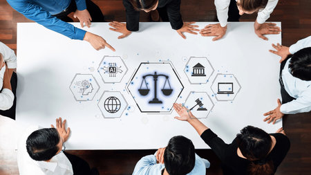 A diverse group of professionals engages in a collaborative meeting focused on legal innovations,...