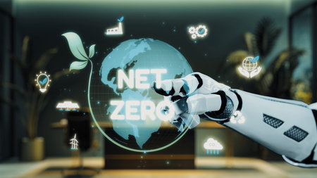 A robotic hand interacts with a glowing globe surrounded by symbols of sustainability and eco-initiatives, showcasing the vision for achieving net zero emissions.の写真素材
