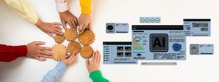 Collaborative hands illustrate teamwork in developing artificial intelligence. Digital interface...