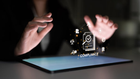 Concept of corporate compliance and risk management. Adhering to legal regulations and internal policies through systematic audits and process verification for business integrity.の写真素材