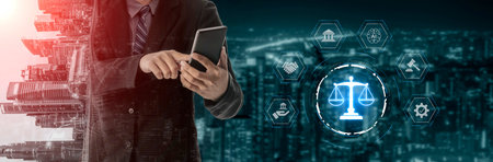 Futuristic digital law interface displaying justice scale, highlighting digital law, AI compliance,...