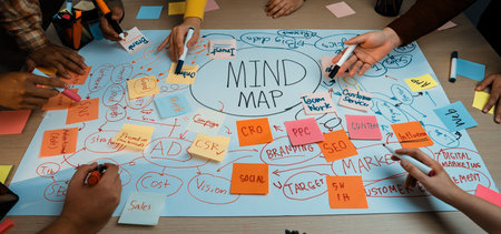 A dynamic scene showcasing a collaborative mind mapping session, filled with colorful notes and...