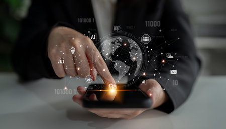 Global AI-powered digital network ecosystem connecting data, finance, analytics, ecommerce,...