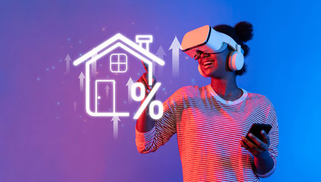 A young woman immersed in virtual reality explores real estate trends, using technology to analyze...