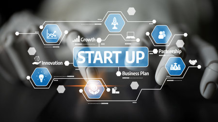Conceptual image featuring a start-up theme with various icons representing innovation, growth,...