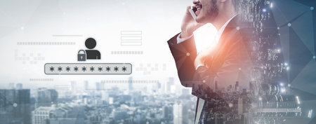 User authentication and password protection concept showing secure login, privacy safeguard, data...