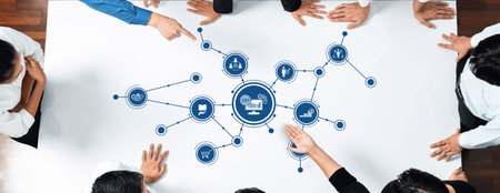 A dynamic scene featuring a diverse group of hands reaching towards a network of icons on a table,...