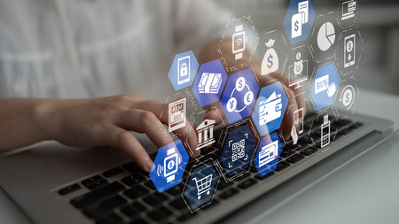 Digital wallet icons show mobile payment, digital wallet transfer, and online banking. Digital...
