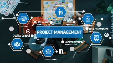 Project Management Concepts with Diverse Team Collaborating on Innovative Strategies in a Modern...