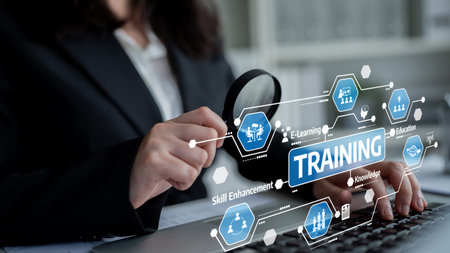 A professional examines e-learning concepts and training elements with a magnifying glass,...