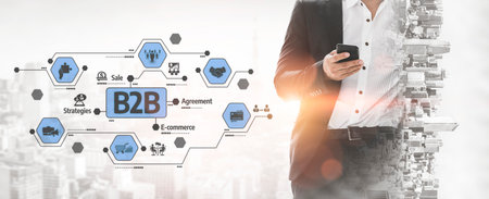 A business professional interacts with mobile technology in a dynamic B2B context, emphasizing...