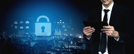 Cybersecurity protection system showing password encryption, fingerprint ID, cloud security, email,...