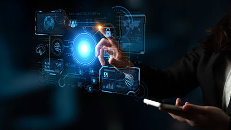 A futuristic command center interface for managing a global technology platform. The dashboard...