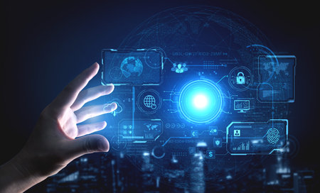 A futuristic command center interface for managing a global technology platform. The dashboard...