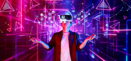 A vibrant and futuristic depiction of artificial intelligence in online marketing and shopping,...