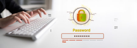 A concept of user authentication and password security. The interface shows a password strength...