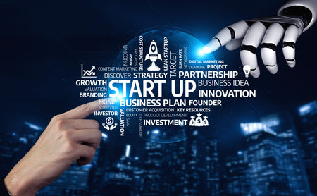 A dynamic representation of start-up innovation featuring a robotic hand pointing at key concepts in...