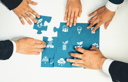 A dynamic scene of hands from diverse professionals assembling a puzzle with eco-focused icons,...