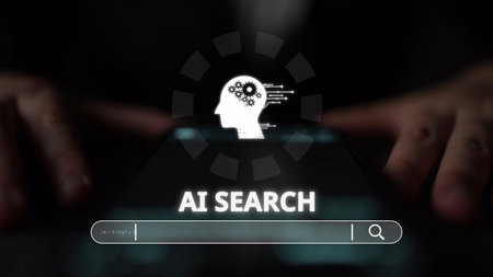 AI search engine systems enhance SEO data access. Intelligent search engines powered by AI improve search results. AI-driven search tools help process and retrieve relevant AI information.の写真素材