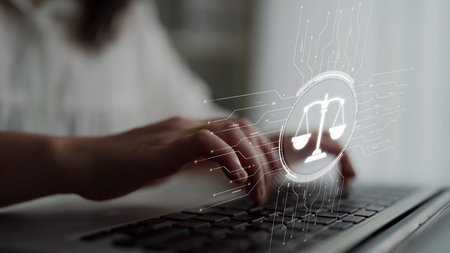 Futuristic digital law interface displaying justice scale, highlighting digital law, AI compliance,...