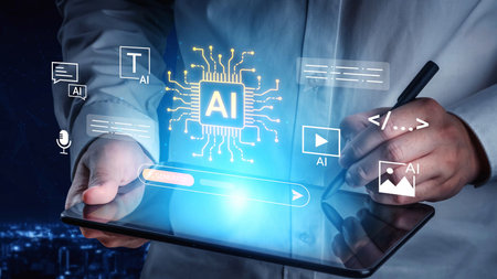Hands holding tablet displaying artificial intelligence concepts, modern technology, data analysis,...
