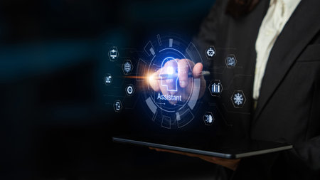 Futuristic AI assistant with autonomous agent capabilities, AI natural language understanding, and...
