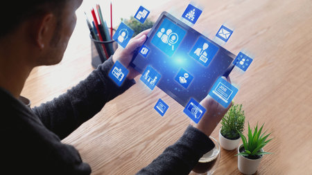 Job search icons show recruitment, HR management, and employee career growth. Job search helps...