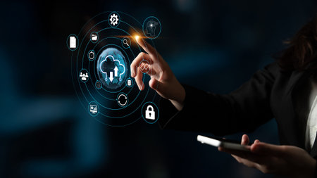 Futuristic Concept of Technology and Connectivity with Touch Gesture on Smartphone Displaying Cloud...