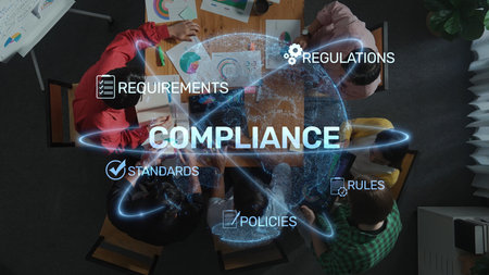 A top-down view of professionals discussing compliance regulations and requirements in a modern office, focusing on teamwork and strategic planning for business success. Rasterの写真素材