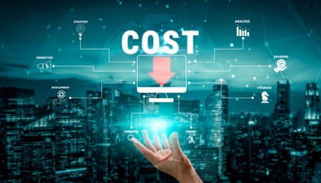 Conceptual Image of Cost Analysis with Hands Reaching Out to Digital Graphs and Icons Representing Business Strategy and Financial Planning Quark.の写真素材