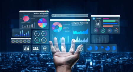 Multiple analytics dashboards with charts and graphs representing marketing data, SEO insights, and...