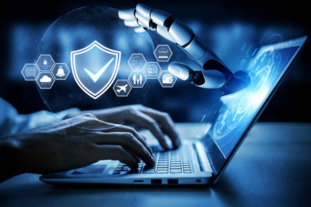 Robotic Arm Interacting with Laptop Display, Showcasing Cybersecurity Icons and Digital Interfaces...