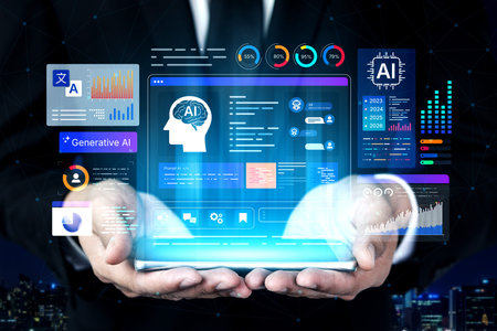 AI analytics dashboard interface for monitoring performance and data insights. Dashboard metrics,...