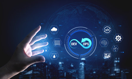 Futuristic Hand Interacting with DevOps Icons on a Digital Interface Displaying Technology Concepts...