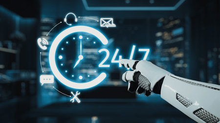 A futuristic robotic hand interacts with a glowing 24-hour clock, showcasing hours of availability...