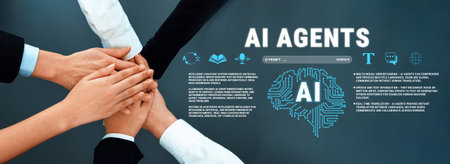 Collaborative Teamwork and AI Agents Concept with Hands and Brain Graphic for Innovation and...